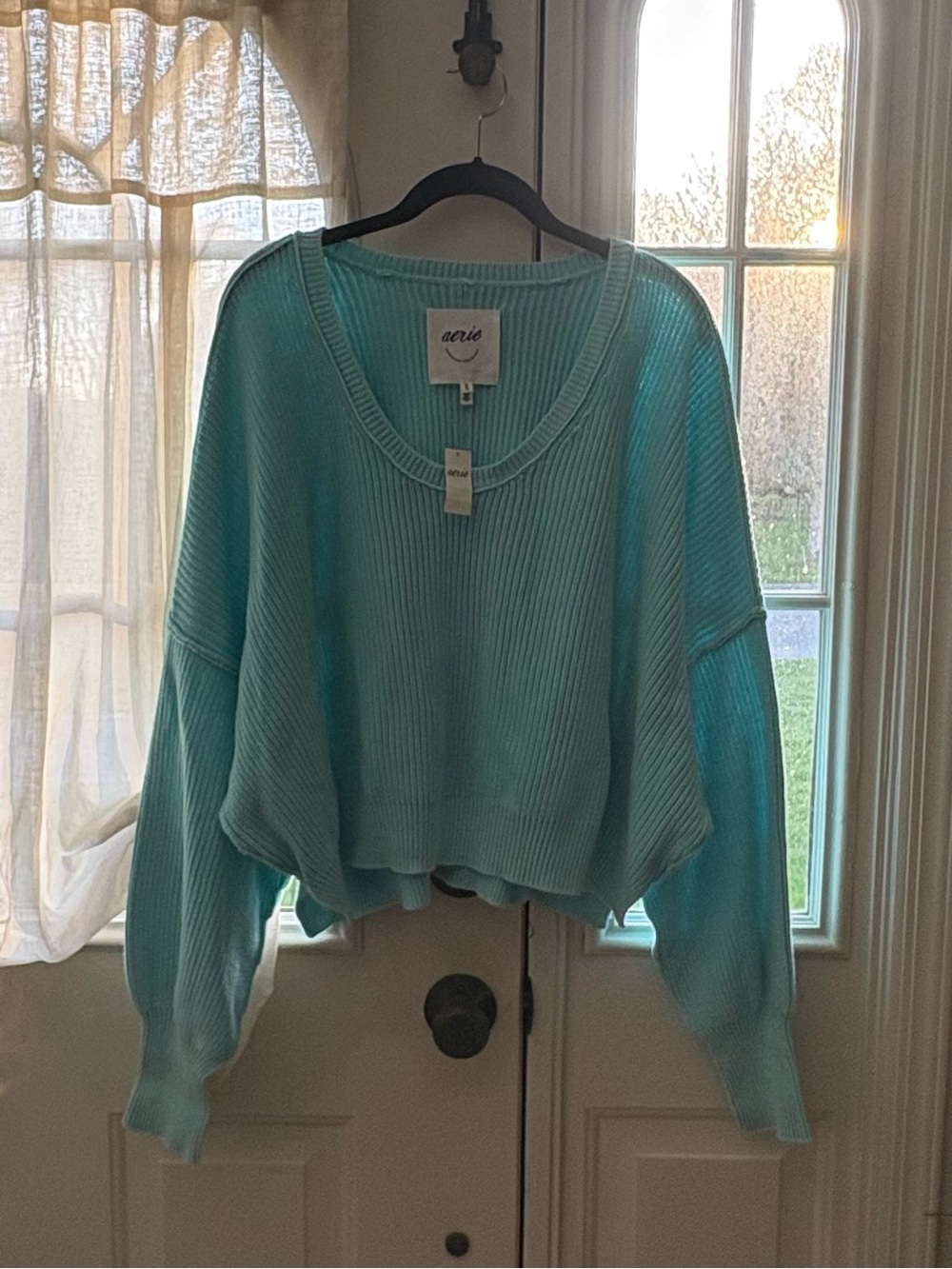Aerie Aqua Turquoise Ribbed Scoop-Neck Cropped Sweater XL NWT